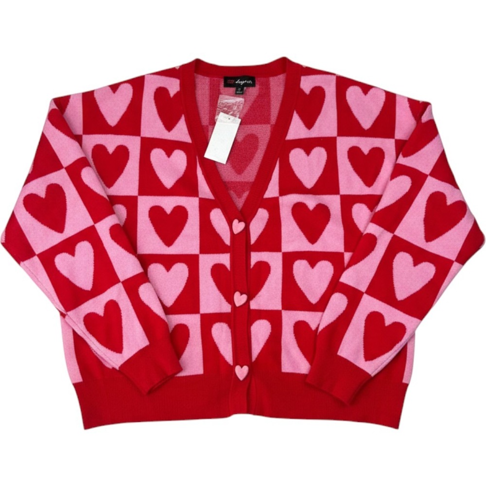 33 Degrees Womens Red Pink Heart Cardigan Sweater Heart Buttons Large NEW